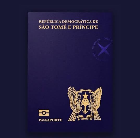 Navy blue São Tomé and Príncipe biometric passport cover, embossed in gold with the words República Democrática de São Tomé e Príncipe, the national coat of arms and the ePassport chip symbol